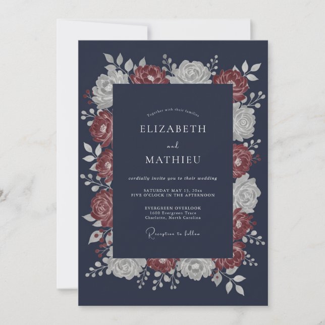 Navy Blue Dramatic Floral Wedding Invitation (Front)