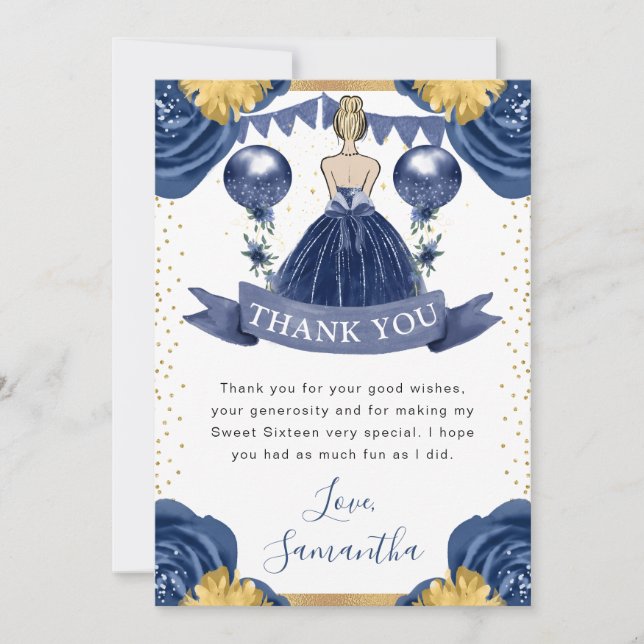 Navy Blue Dress Blonde Haired Princess Sweet 16 Thank You Card (Front)
