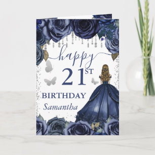 Navy Blue Dress Blonde Princess Birthday Card