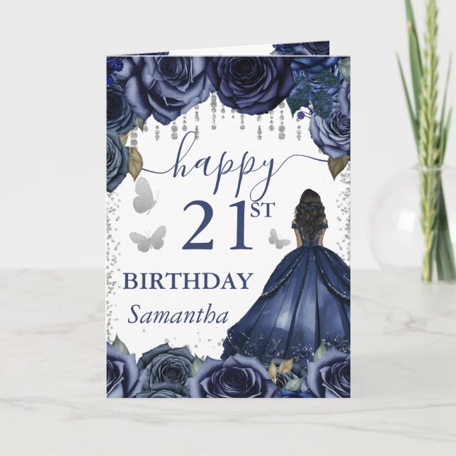 Navy Blue Dress Dark Skin Princess Birthday Card (Front)