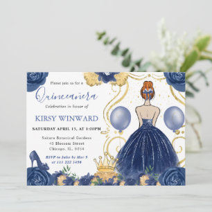 Navy Blue Dress Red Hair Princess Quinceanera Invitation