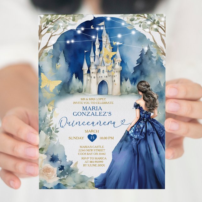 Navy Blue Dress White Castle Floral Quiñceanera Invitation (Creator Uploaded)