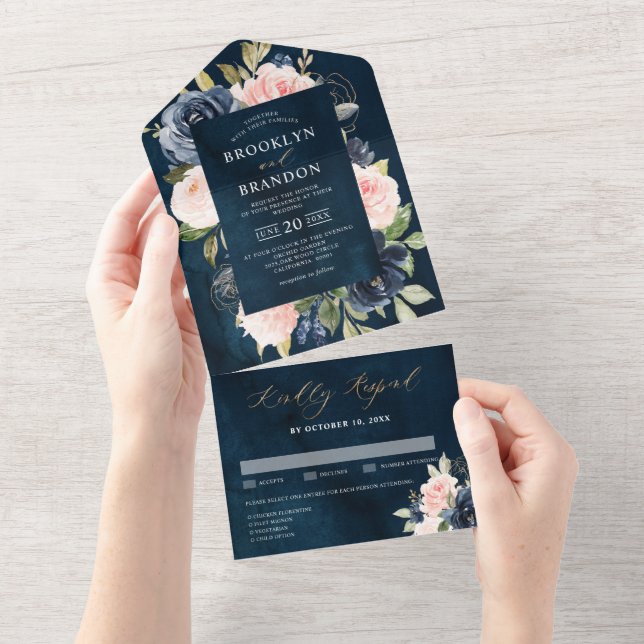 Navy Blue Dusty Blush Pink Floral Wedding  All In One Invitation (Tearaway)