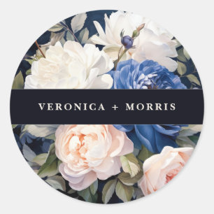 Navy Blue & Dusty Blush Pink Floral Wedding Classic Round Sticker