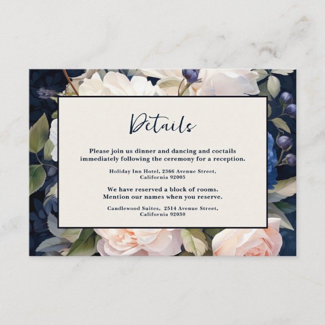 Navy Blue & Dusty Blush Pink Floral Wedding Enclosure Card (Front)