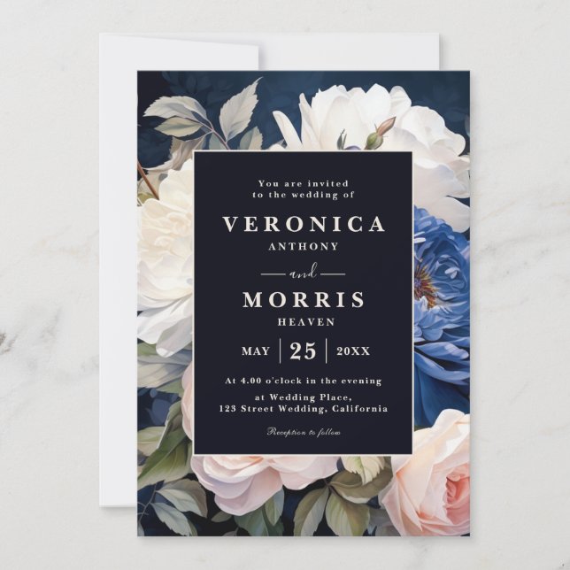 Navy Blue & Dusty Blush Pink Floral wedding Invitation (Front)