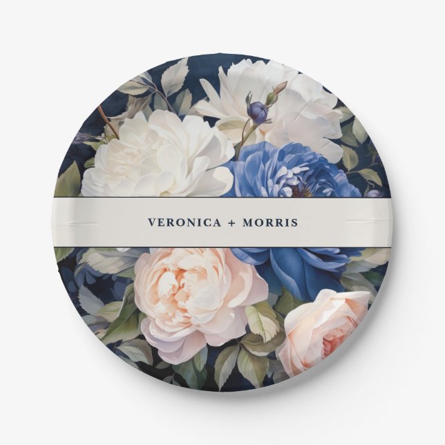 Navy Blue & Dusty Blush Pink Floral Wedding  Paper Plate (Front)