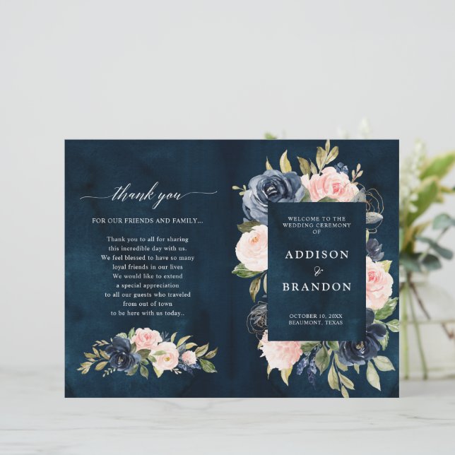 Navy Blue Dusty Blush Pink Floral Wedding Program (Standing Front)