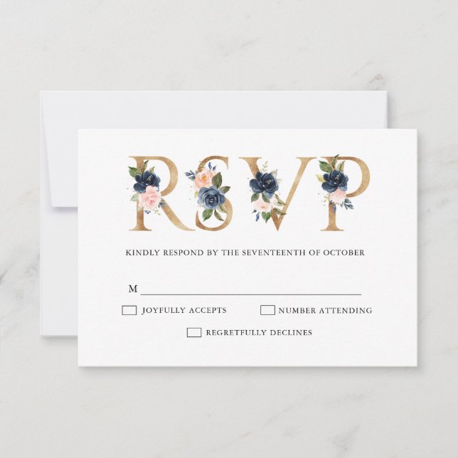 Navy Blue Dusty Blush Pink Floral Wedding RSVP Card (Front)