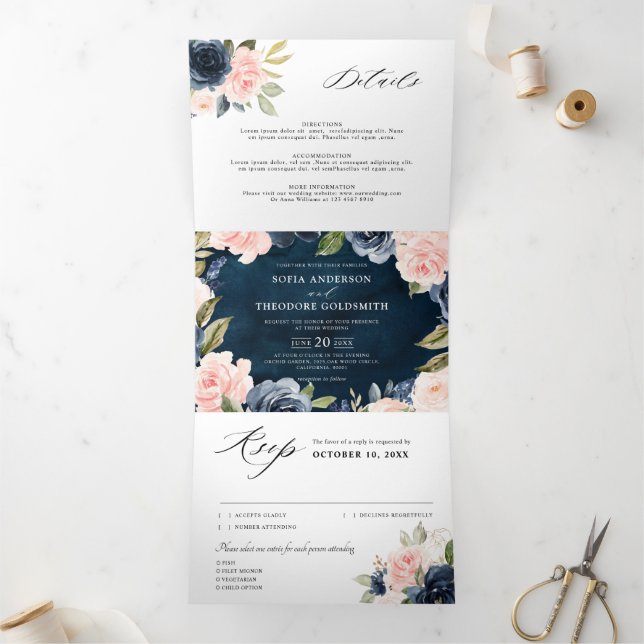 Navy Blue Dusty Blush Pink Floral Wedding  Tri-Fol Tri-Fold Announcement (Inside)