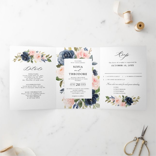 Navy Blue Dusty Blush Pink Floral Wedding  Tri-Fol Tri-Fold Announcement (Inside)