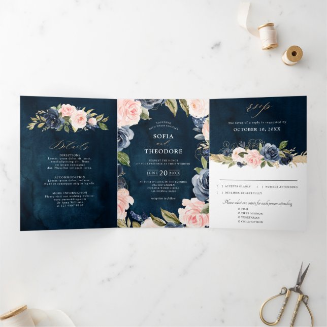 Navy Blue Dusty Blush Pink Floral Wedding  Tri-Fol Tri-Fold Announcement (Inside)