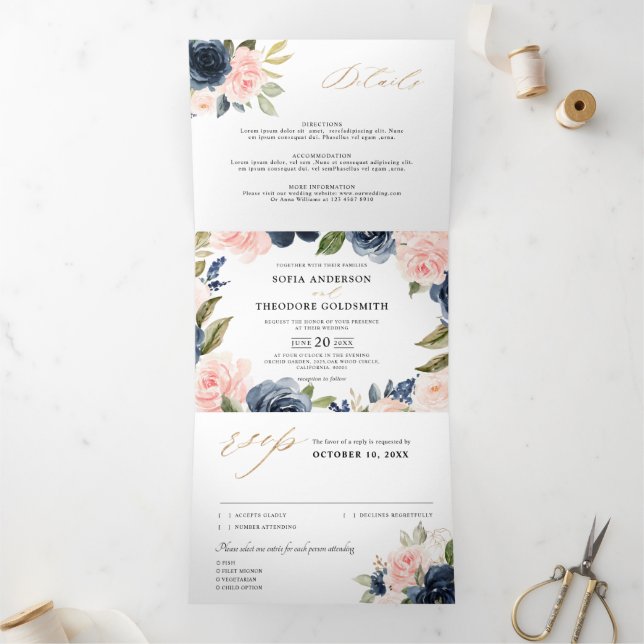 Navy Blue Dusty Blush Pink Floral Wedding  Tri-Fold Announcement (Inside)