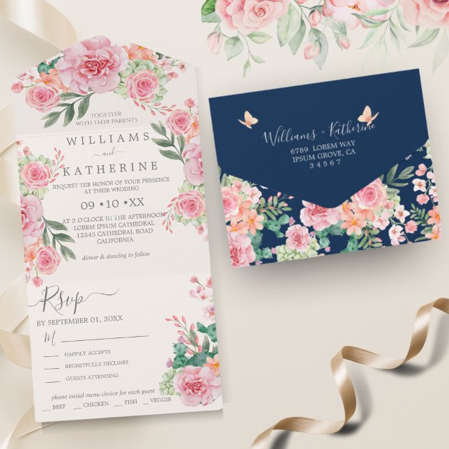 Navy  Blue Dusty Blush Pink & Peach Floral Wedding All In One Invitation (Creator Uploaded)