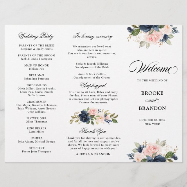 Navy Blue Dusty Blush Tri-fold Wedding Program (Front)