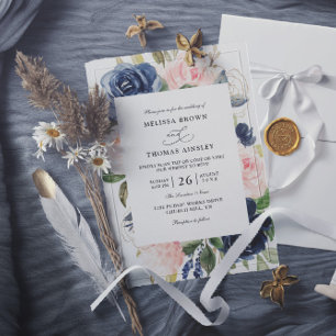 Navy Blue Dusty Floral Budget QR Code Wedding Invitation