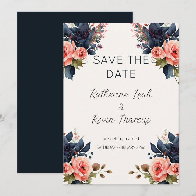 Navy Blue Dusty Rose Floral Save the Date Wedding  Invitation (Front/Back)