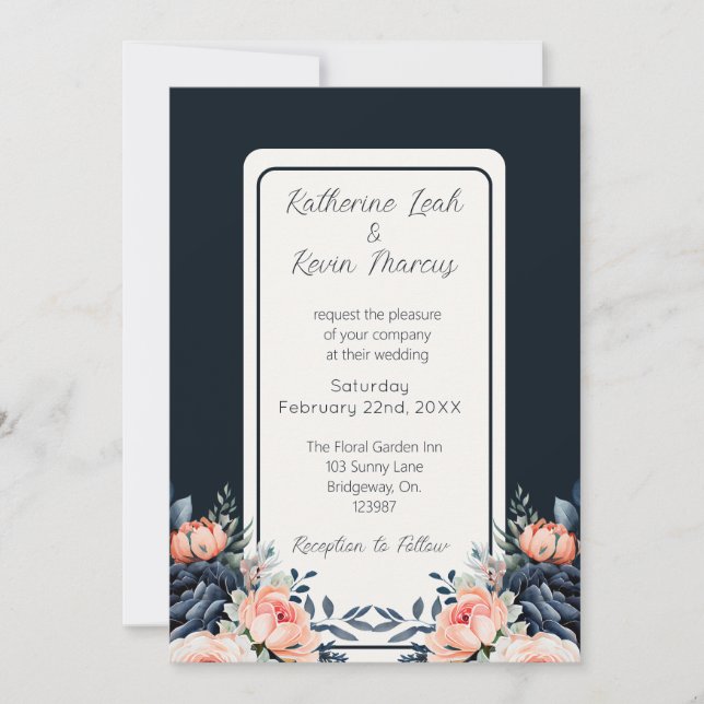 Navy Blue Dusty Rose Floral Wedding Invitation (Front)