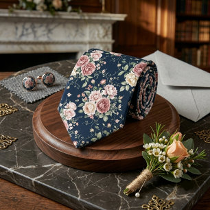 Navy Blue Dusty Rose Peony Floral Groomsmen  Tie