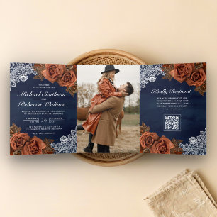 Navy Blue Dusty Terracotta Rose QR Code Wedding Tri-Fold Invitation