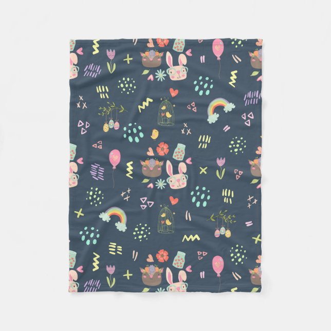 Navy Blue Easter Bunny Fleece Blanket (Front)