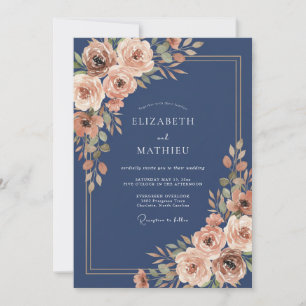 Navy Blue Elaborate Autumnal Wedding Invitation