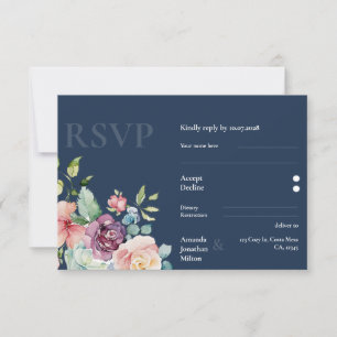 Navy Blue Elegance Watercolor Floral Wedding RSVP Card