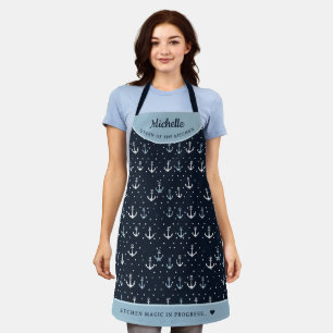 Navy blue elegant anchor pattern personalized apron