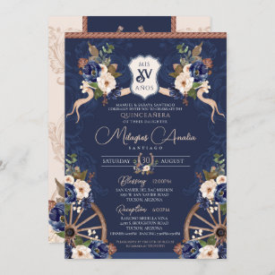 Navy Blue Elegant Baroque Charra Quinceanera Invitation