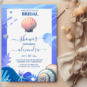 Navy Blue Elegant Beach Seashell Bridal Shower Invitation