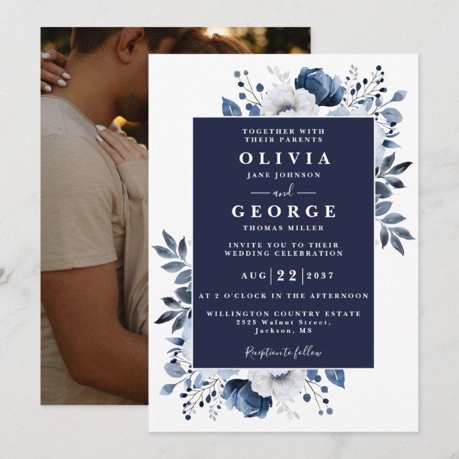 Navy Blue Elegant Botanical Floral Photo Wedding Invitation (Front/Back)