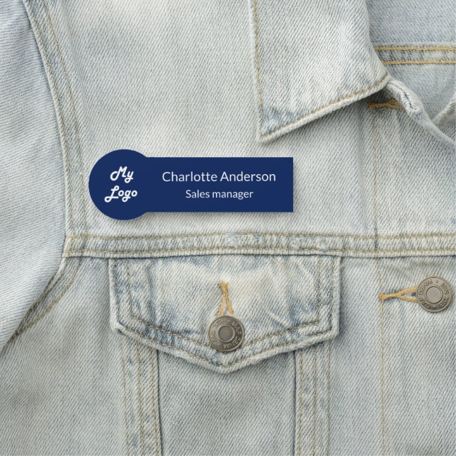 Navy blue elegant business logo employee name tag (In Situ)