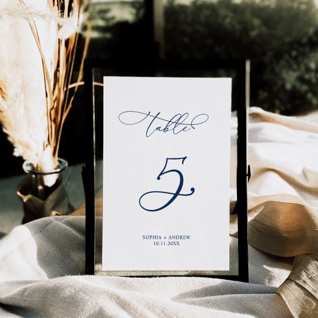 Navy Blue Elegant Calligraphy Table 5 Wedding Number (5 table number)