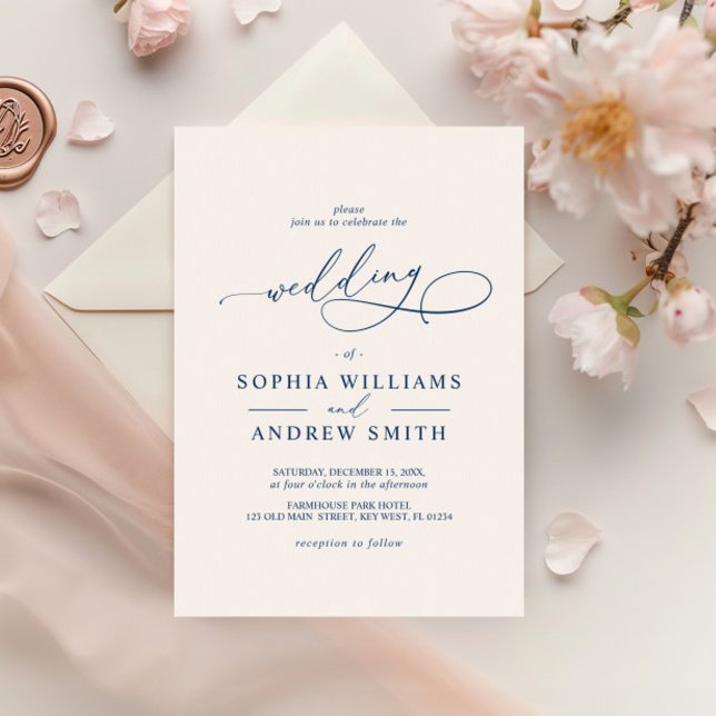Navy Blue Elegant Calligraphy Wedding Invitation (Creator Uploaded)