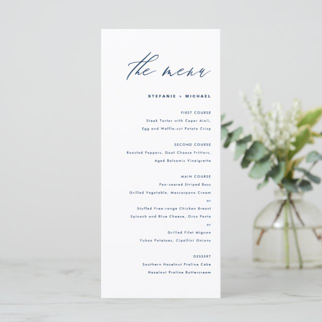 Navy Blue Elegant Calligraphy Wedding Menu (Standing Front)