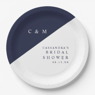 Navy Blue Elegant Chic Monogram Bridal Shower Paper Plate