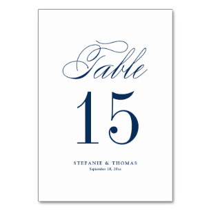 Navy Blue Elegant Classic Script Wedding Table Number