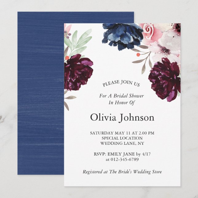 Navy Blue Elegant Floral Bridal Shower Invitation (Front/Back)