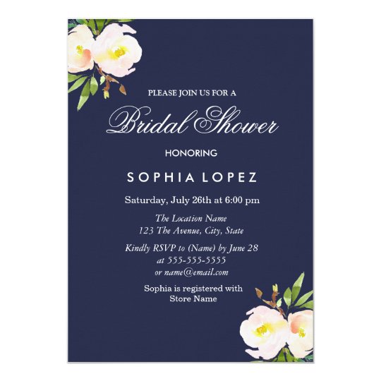 Navy Blue Elegant Floral Bridal Shower Invitation