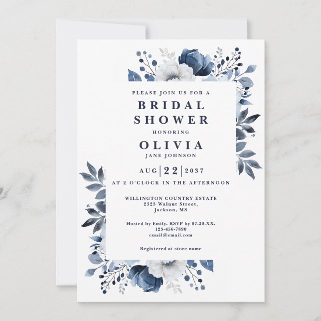 Navy Blue Elegant Floral Bridal Shower QR Code Invitation (Front)