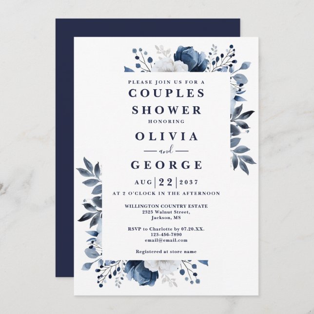 Navy Blue Elegant Floral Couples Shower Invitation (Front/Back)