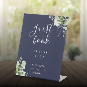 Navy Blue Elegant Floral Greenery Guest Book Pedestal Sign