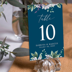 Navy Blue Elegant Floral Personalized Wedding Table Number