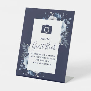 Navy Blue Elegant Floral Photo Guest Book Wedding Pedestal Sign