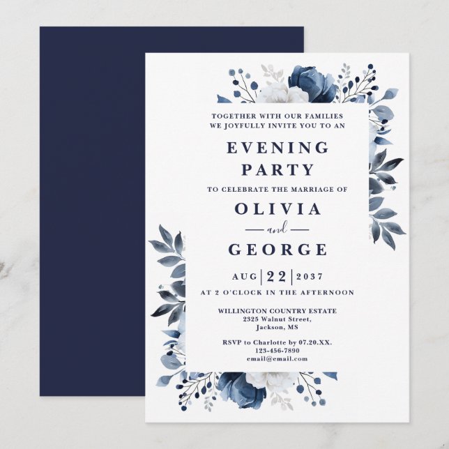 Navy Blue Elegant Floral Wedding Evening Party Invitation (Front/Back)
