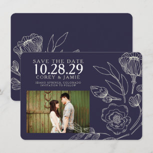 Navy Blue Elegant Floral Wedding Save The Date