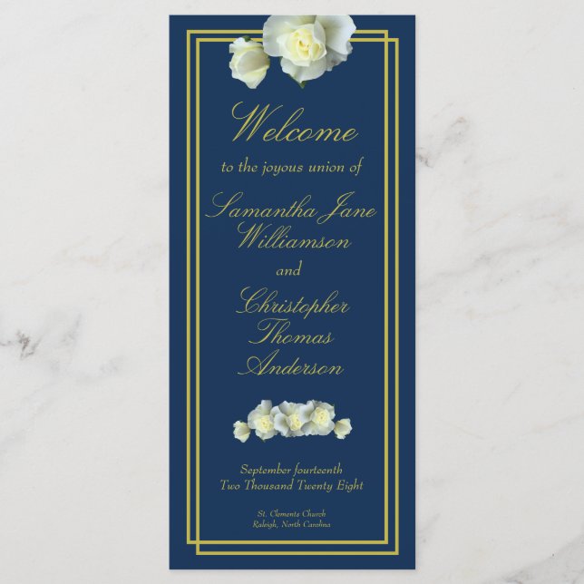 Navy Blue Elegant Gold Script Framed White Rose  Program (Front)