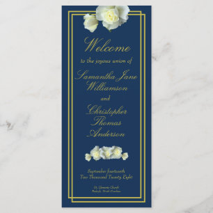Navy Blue Elegant Gold Script Framed White Rose  Program