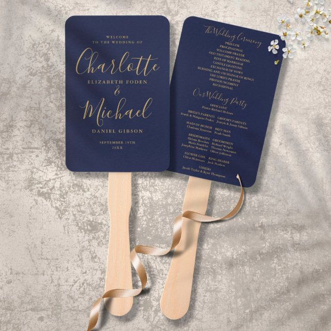 Navy Blue Elegant Gold Script Wedding Program Hand Fan (Creator Uploaded)