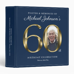 Navy Blue Elegant GoldCustom Photo 60th Birthday  Binder